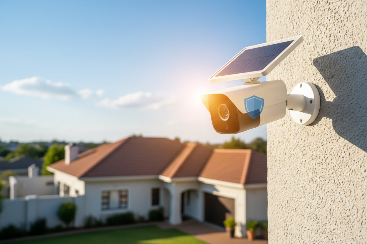 Solar security camera mounted on South African home with solar panel - load shedding proof 24/7 surveillance