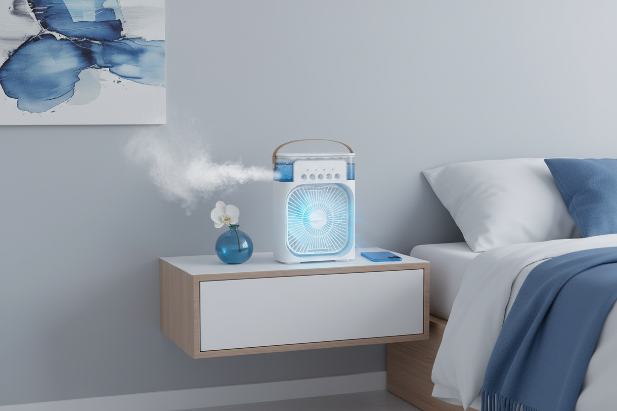 Mini Air Cooler & Humidifier - Portable USB Fan with LED Light